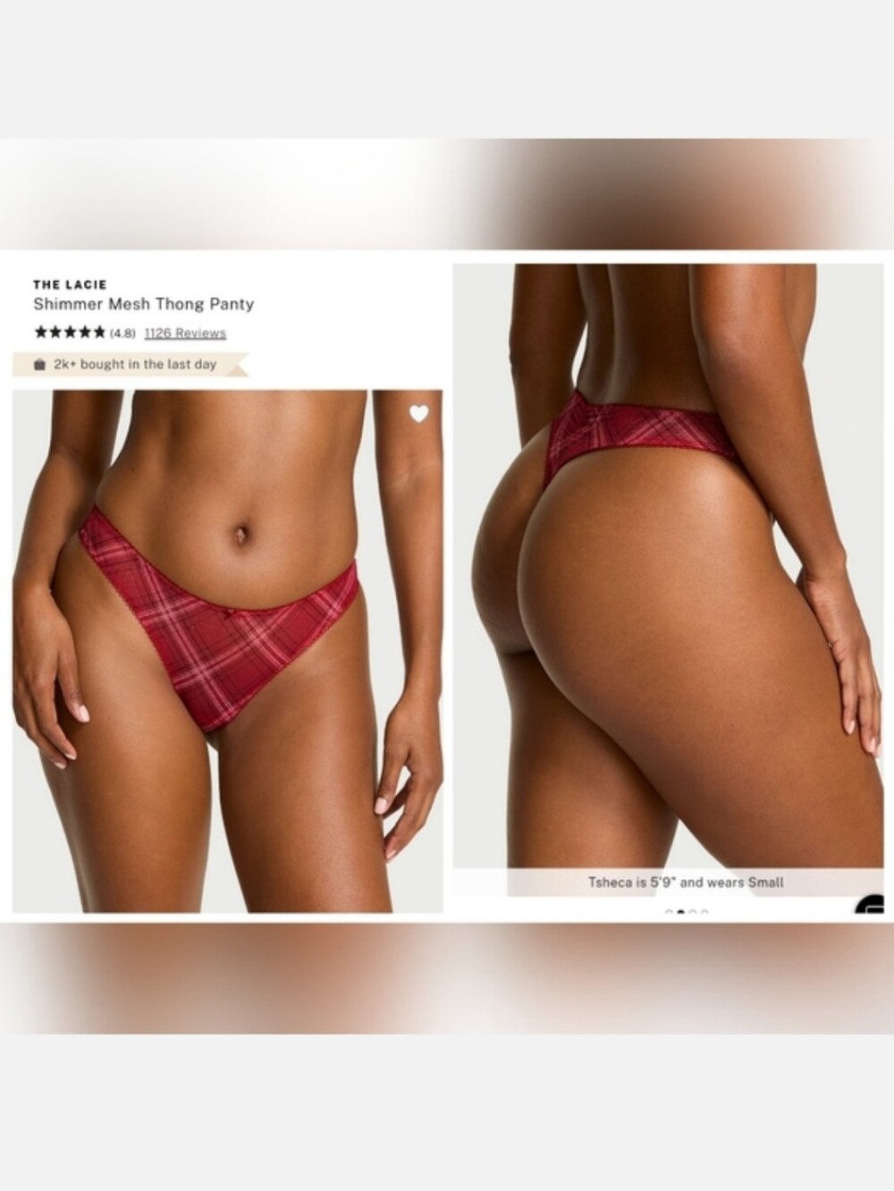 Victoria's Secret Very Sexy The Lacie Shimmer Mesh Plaid Thong Panty RED LARGE